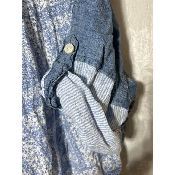 American Eagle Button Up Large Denim Look Floral Patchwork Cotton Linen - Picture 4 of 10